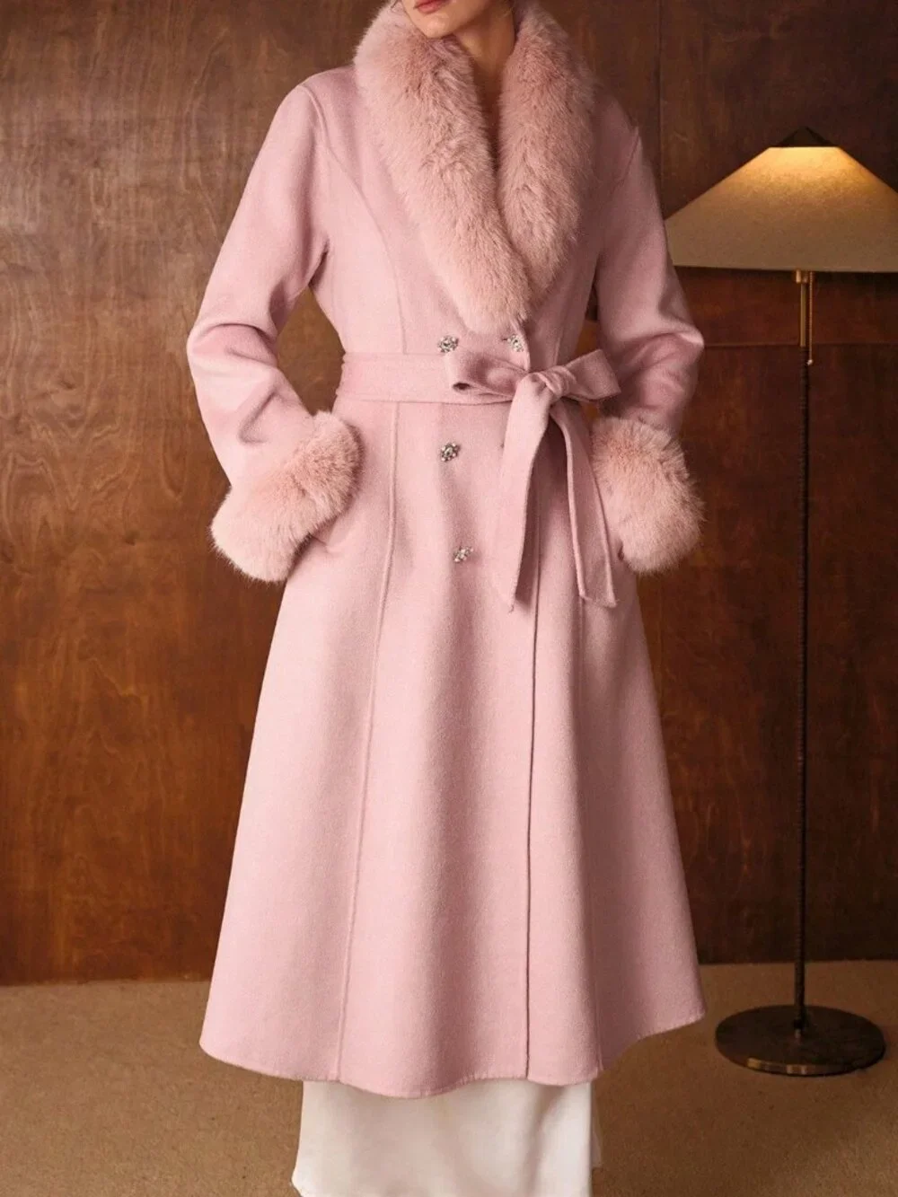 Baby Pink Elegant Women's Collar Cinched Waist Fitted Mid-Length Belted Overcoat